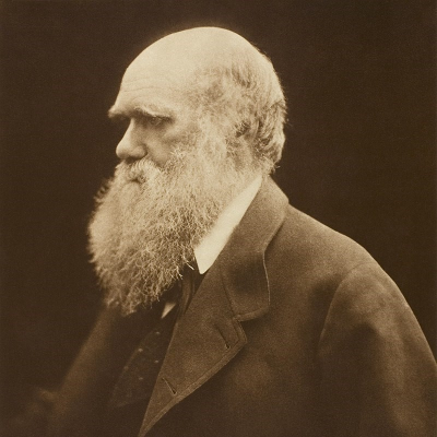 A black and white photo of Charles Darwin.