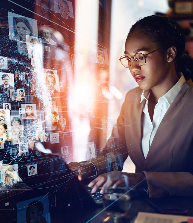 An illustration of a woman networking with people on the computer.
