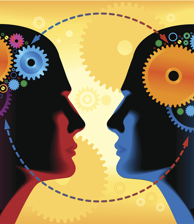 An illustrated graphic of two brains working together.