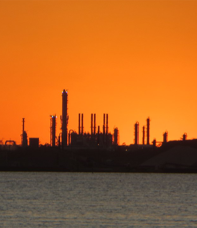 Sunset over petrochemical plants in Lake Charles, Louisiana