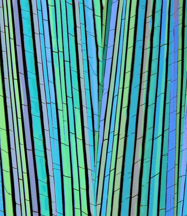 Crystalline nanomaterials viewed under a microscope.