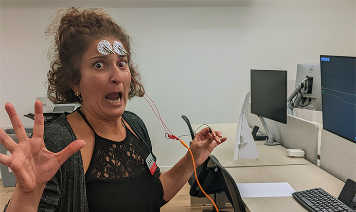 An Academy staffer goofing around with sensors detecting her brainwaves.