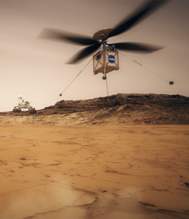 An illustration of the NASA-designed rotorcraft hovering over the planet Mars.