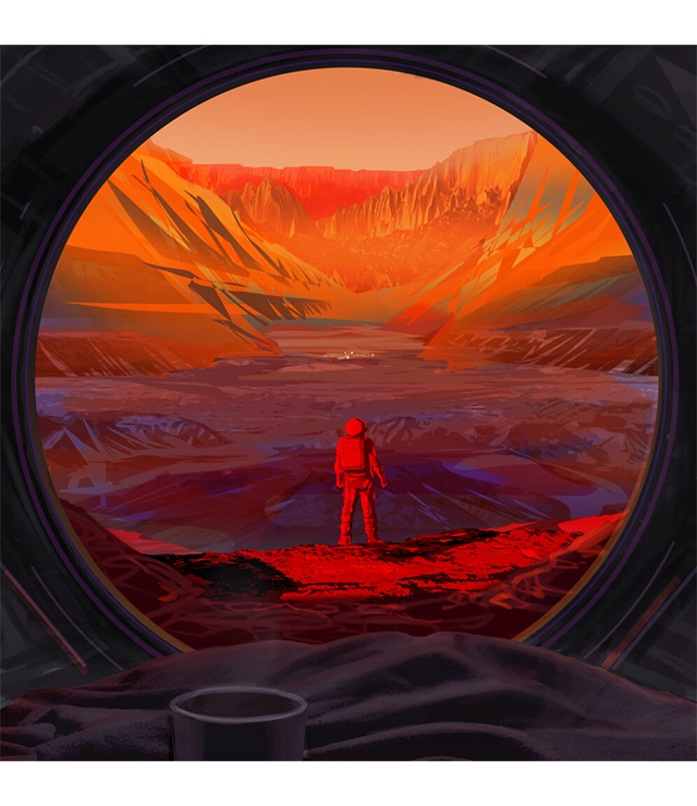 A graphic illustration of an astronaut on Mars.