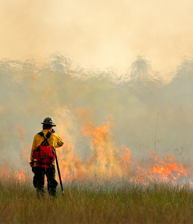 A firefighter combats a wildfire.
