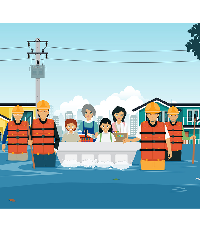 A graphic illustration of people responding to a flooding disaster.