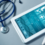 Am image of a stethoscope and a tablet displaying a health/medical app.