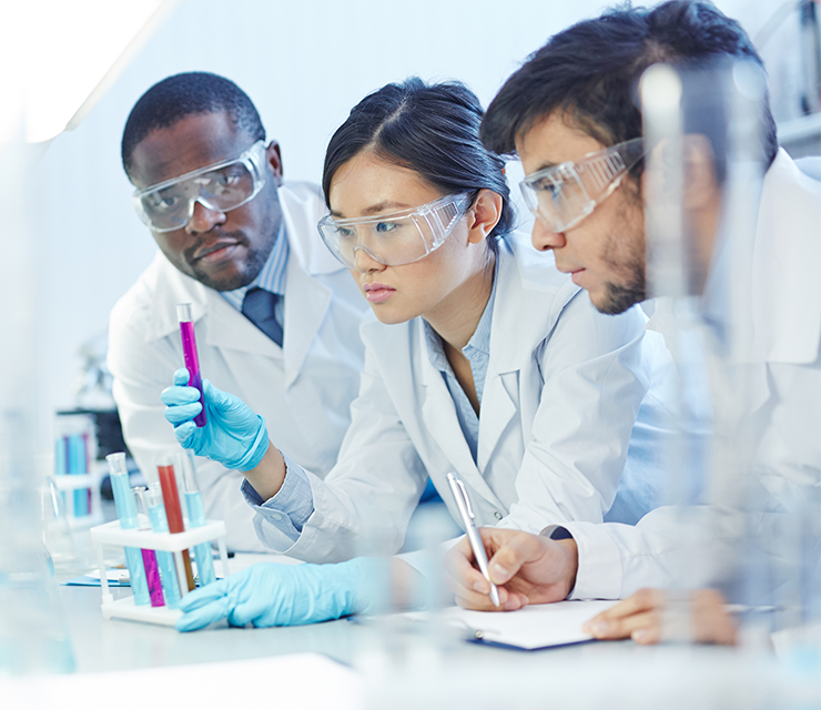 Researchers peer at a test tube inside a science lab.