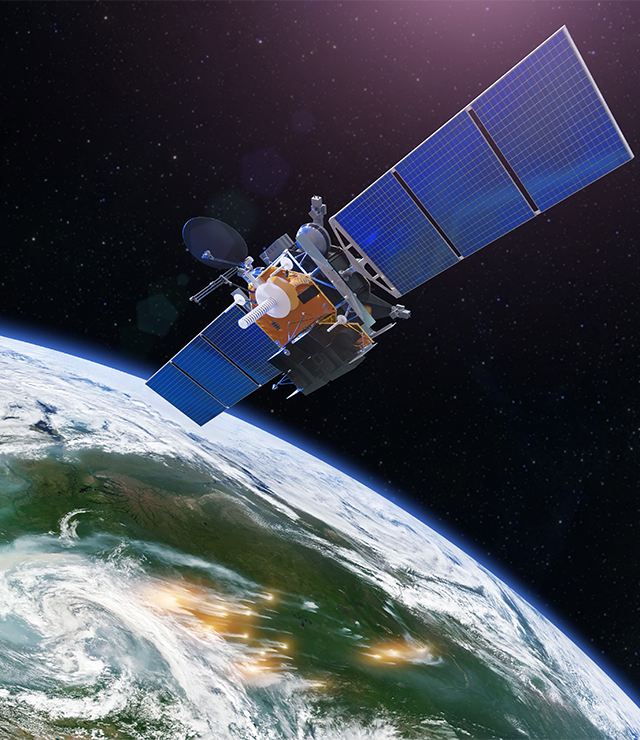 An illustration of a satellite over planet Earth.