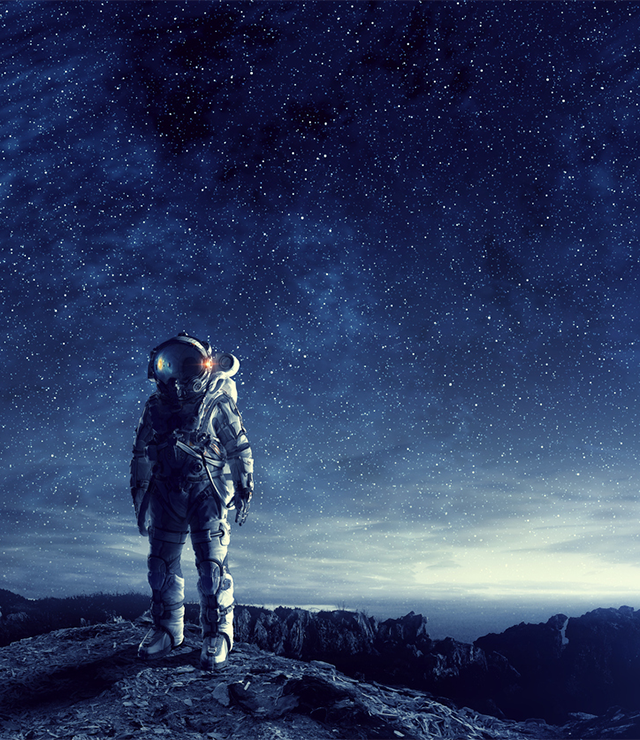An illustration of an astronaut standing on a planet in outer space.