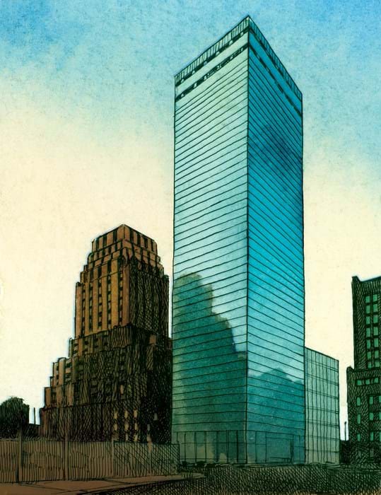 An illustration of the 7 World Trade Center building. 