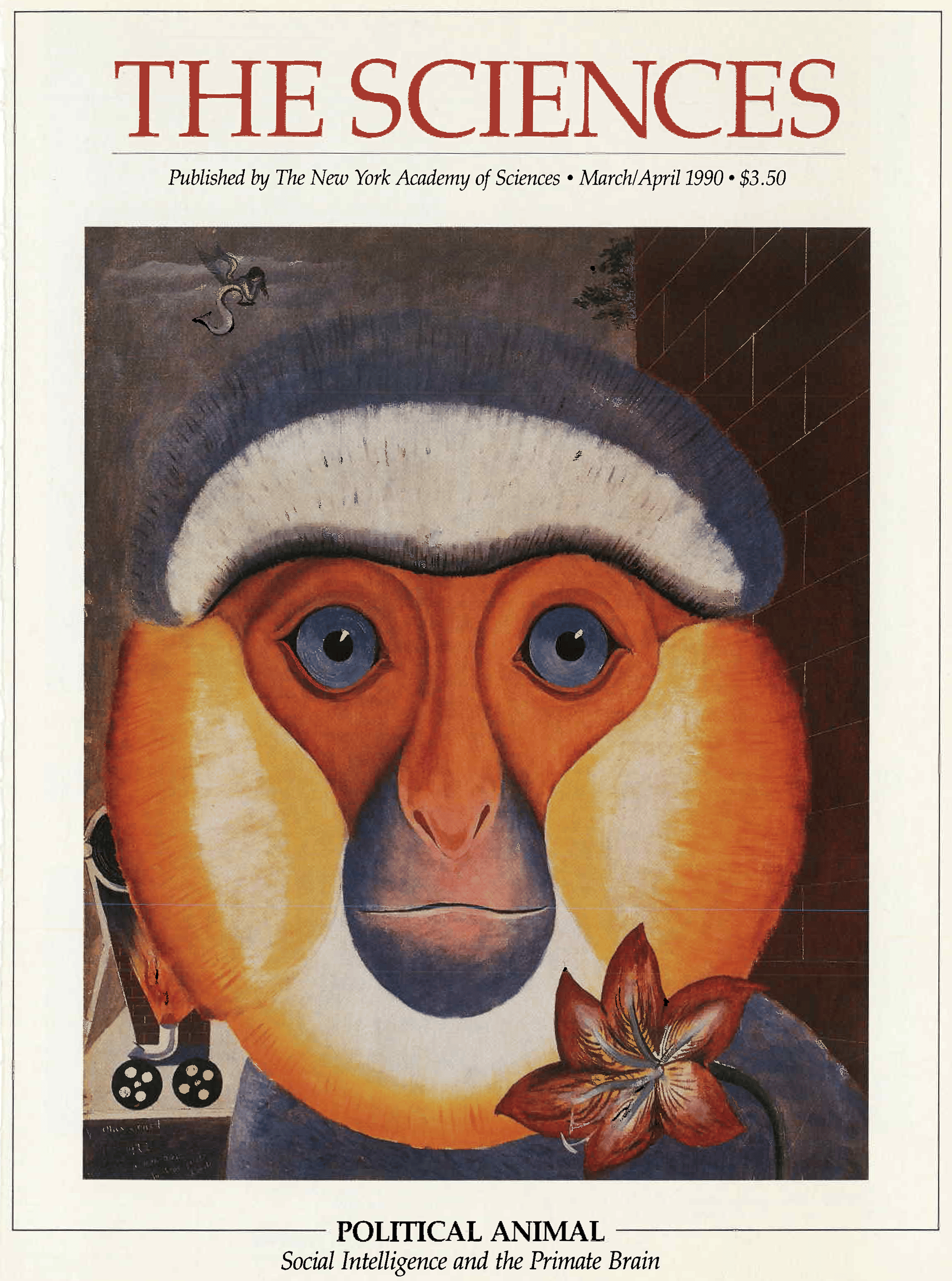 An illustrated primate graces the cover of "The Sciences" magazine. 