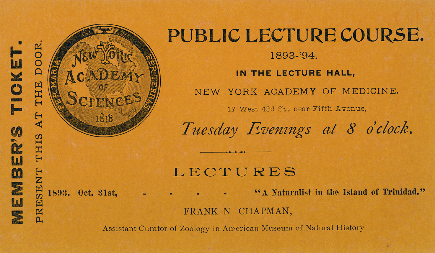 A ticket for a public lecture from 1893. 