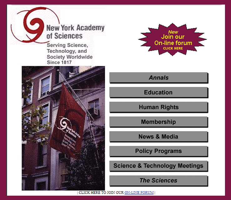 A screenshot of the Academy's original 1996 website.
