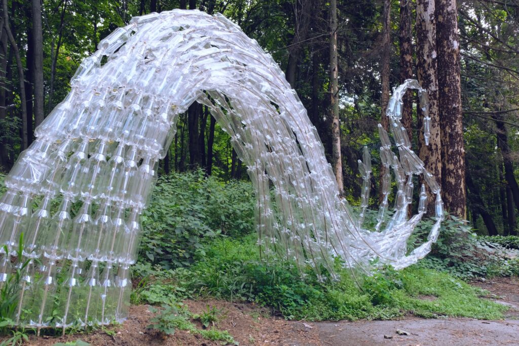 Sculpture made of glass bottles