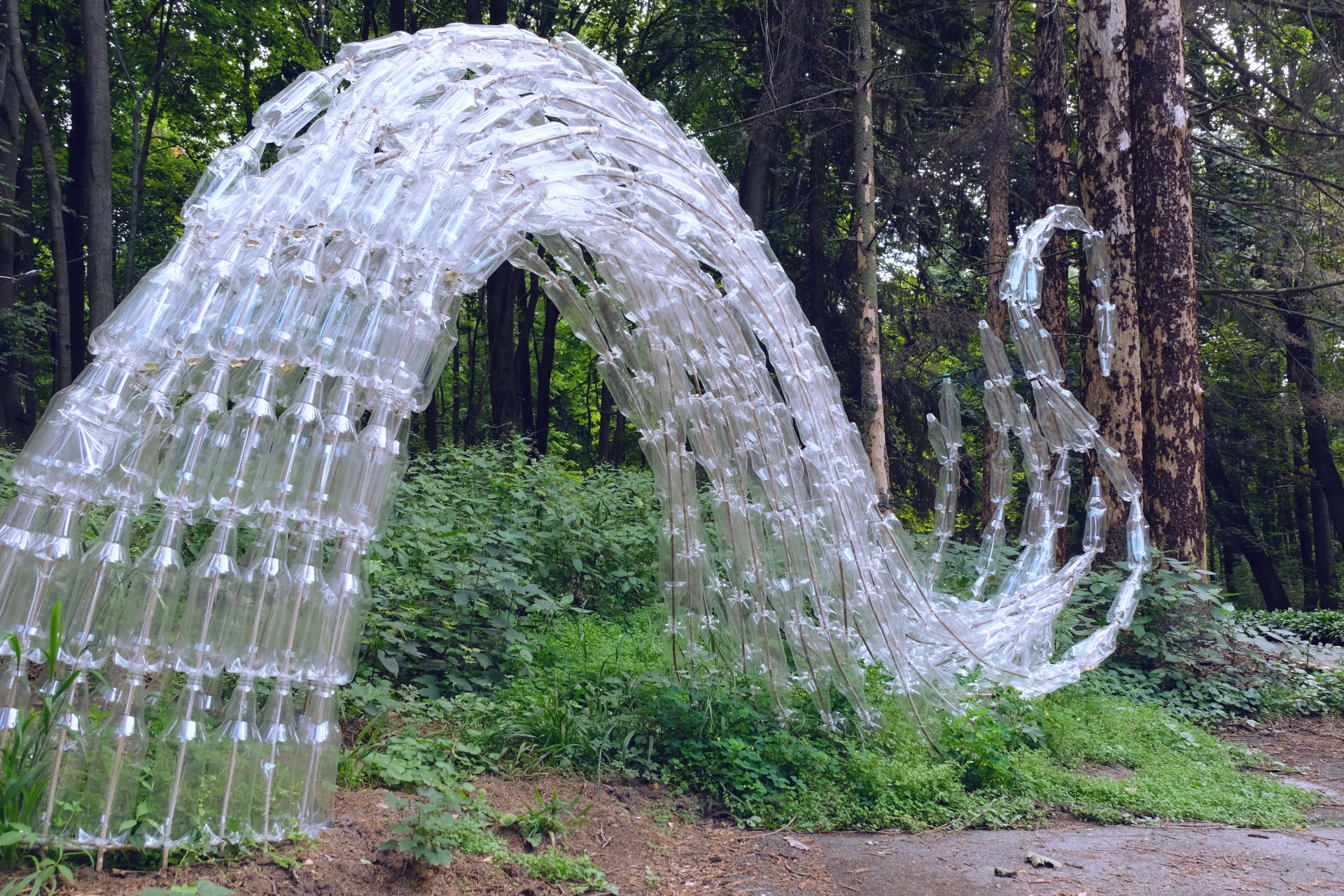 Sculpture made of glass bottles