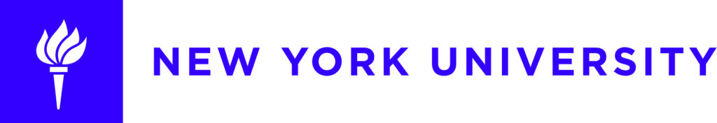 The purple and white logo for New York University.