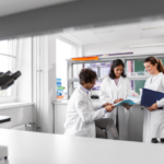 A shot of scientists working together inside a research lab.