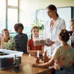 A science teacher gives a demonstration to older elementary school aged students.