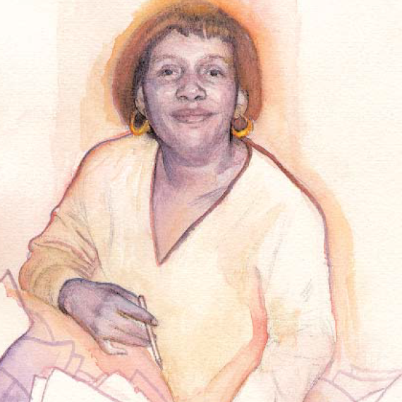 A hand-drawn illustration of a woman holding a pencil.