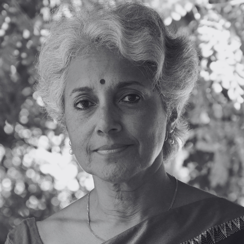 A black and white headshot of Soumya Swaminathan