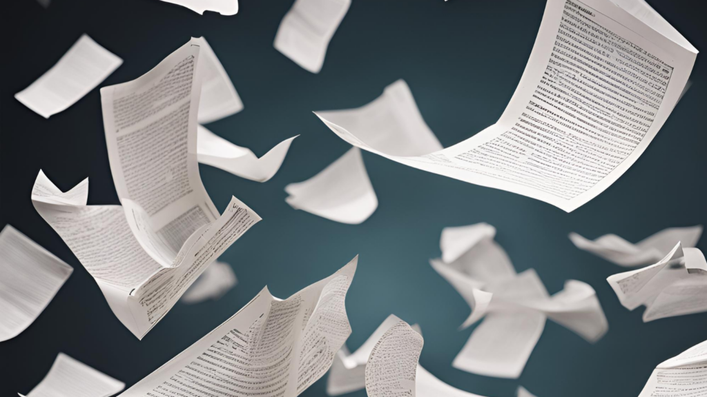 Pieces of paper fall to ground, similar to snowflakes during a snowstorm.