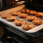 Fresh baked cookies getting pulled out of the oven.