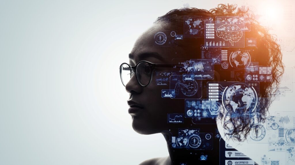 A graphic with a woman's head overlayed by digital computer concepts.