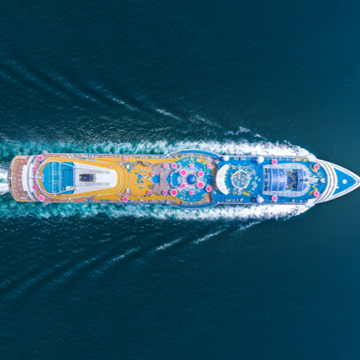 An overhead shot of a cruise ship.