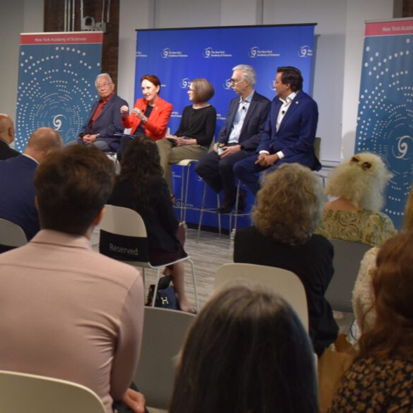 A panel presents to a room full of people.